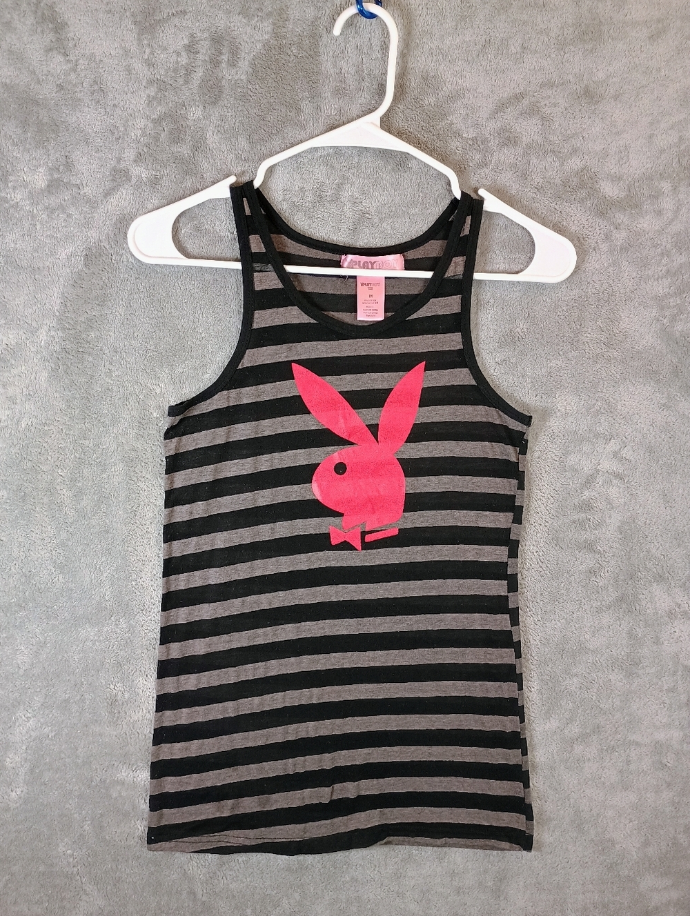 PLAYBOY Black and Gray Striped Tank with Hot Pink Logo Medium Fits Juniors